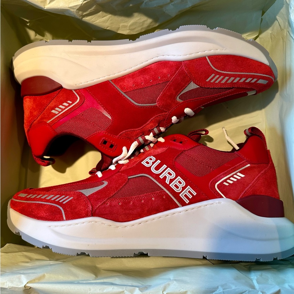 *Never Worn* Burberry “Sean” low top sneaker in chili red. UK 14 EUR 48